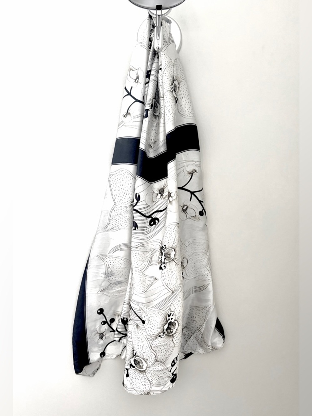 Black and White Satin Floral Scarf